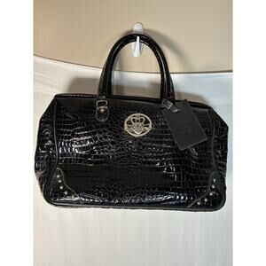 Kathy Van Zeeland Black Patent PVC Croc Embossed Large Duffle Tote Bag Y2K Glam